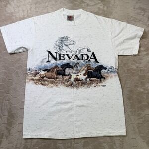 VTG 90s Reno Nevada Horses Wrap Print Shirt Sz Md Sansegal Single Stitch AOP